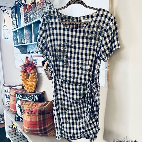 Vintage S.Roberts 1980s Shepherds check plaid floral front tie mini dress - Picture 7 of 11